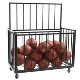 A black metal basket containing multiple basketballs, emphasizing a neat arrangement for sports equipment.